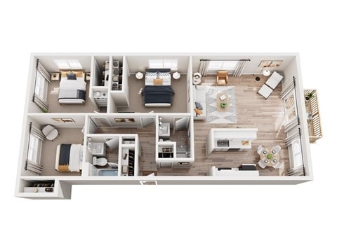 Floor plan for 3 beds, 2 baths, 1104 sqft